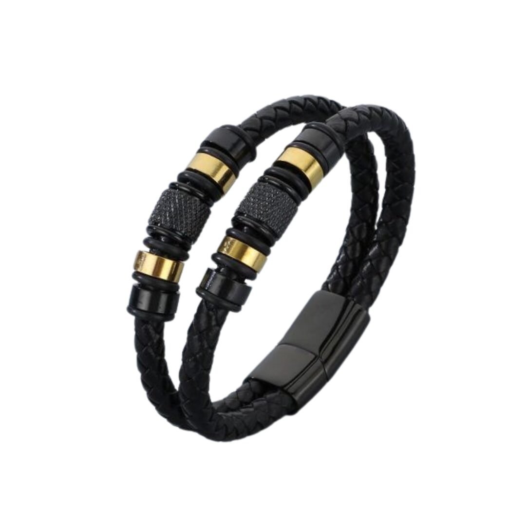 Bracelet Luxe Dual Cuir Véritable & Acier Noir
